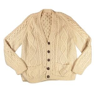 Women's Hand Knit Cable Knit Cardigan Cream Wool Vintage Inspired Sweater